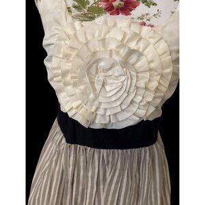 Anthropologie Burlapp Ivory & Taupe Striped Dress With Ruffled Rosette Detail Bl